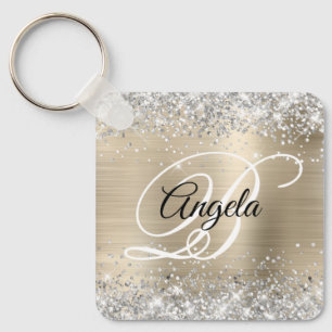 Silver Glitter Light Gold Foil Fancy Monogram Key Ring