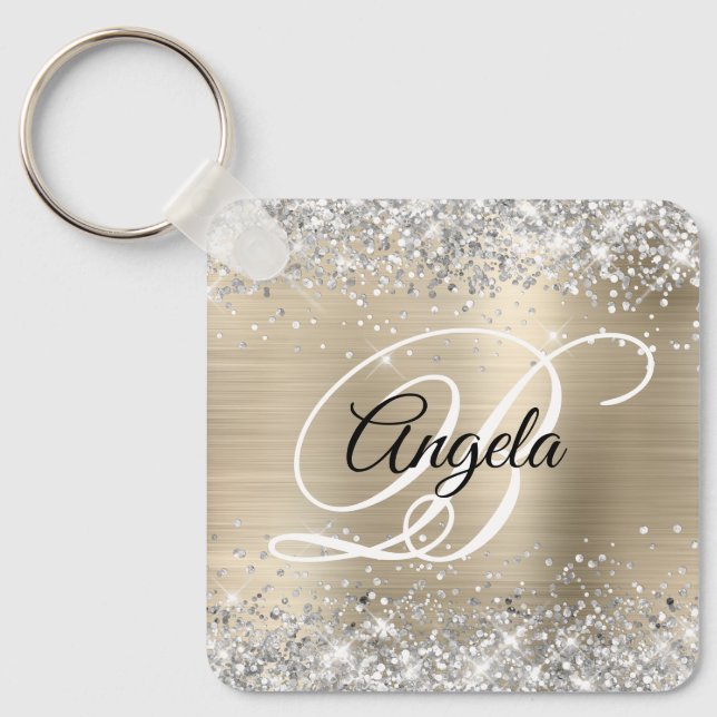 Silver Glitter Light Gold Foil Fancy Monogram Key Ring (Front)