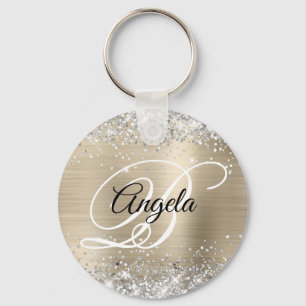 Silver Glitter Light Gold Foil Fancy Monogram Key Ring