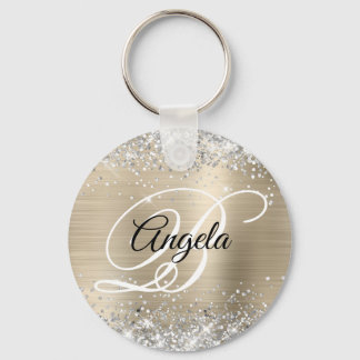 Silver Glitter Light Gold Foil Fancy Monogram Key Ring