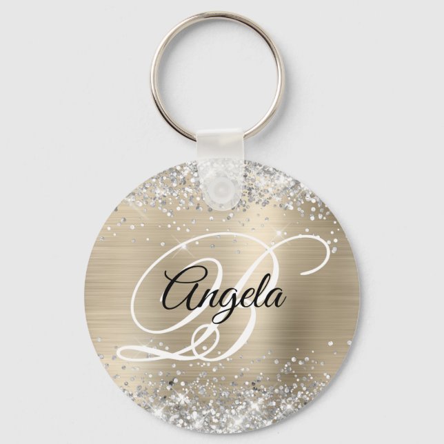 Silver Glitter Light Gold Foil Fancy Monogram Key Ring (Front)
