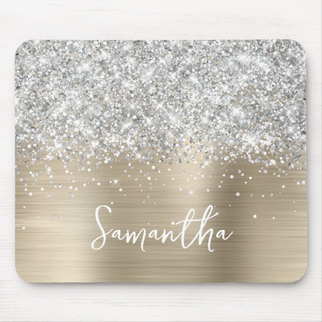 Silver Glitter Light Gold Glam Name Mouse Mat (Front)