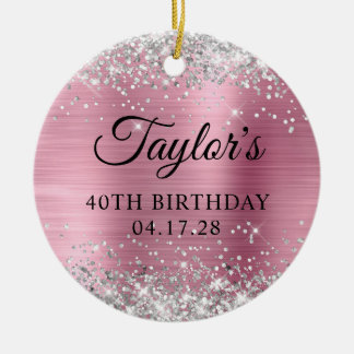 Silver Glitter Light Pink 40th Birthday Photo Ceramic Tree Decoration