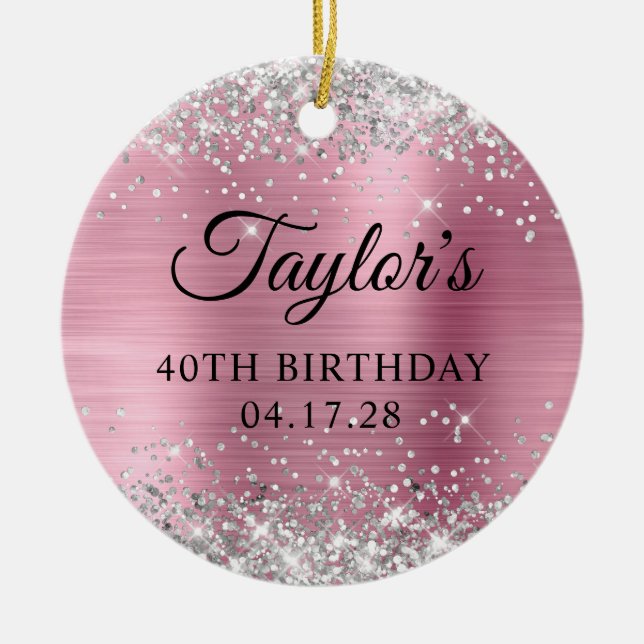 Silver Glitter Light Pink 40th Birthday Photo Ceramic Tree Decoration (Front)