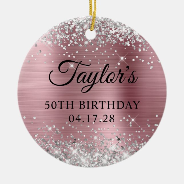 Silver Glitter Light Pink 50th Birthday Photo Ceramic Tree Decoration (Front)