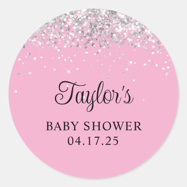 Silver Glitter Light Pink Baby Shower Classic Round Sticker (Front)