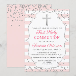 Silver Glitter Light Pink First Holy Communion Invitation