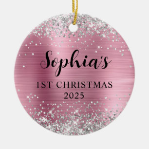 Silver Glitter Light Pink Foil 1st Christmas Photo Ceramic Tree Decoration