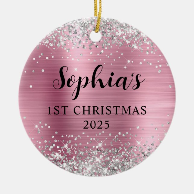 Silver Glitter Light Pink Foil 1st Christmas Photo Ceramic Tree Decoration (Front)