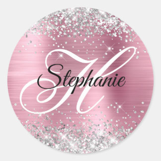Silver Glitter Light Pink Foil Fancy Monogram Classic Round Sticker