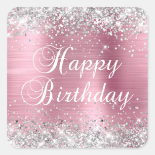 Silver Glitter Light Pink Foil Happy Birthday Square Sticker