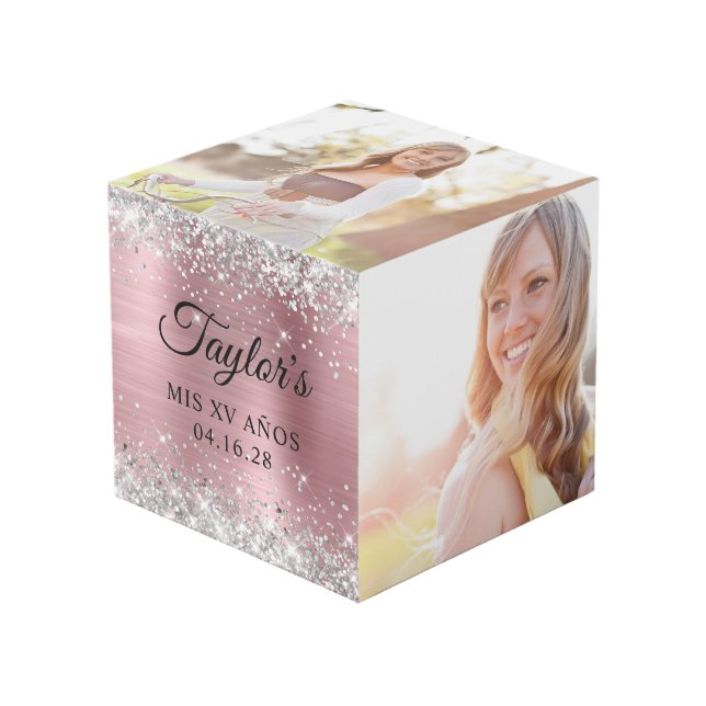 Silver Glitter Light Pink Foil Mis XV Años Photo Cube (Front Angled)