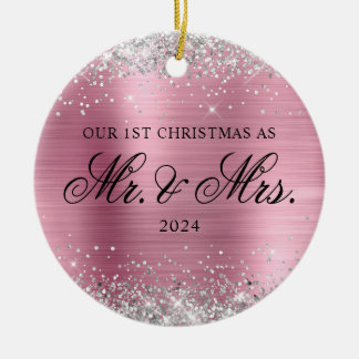 Silver Glitter Light Pink Foil Our 1st Christmas Ceramic Tree Decoration