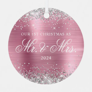 Silver Glitter Light Pink Foil Our 1st Christmas Metal Tree Decoration