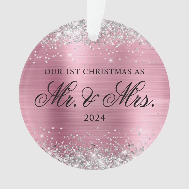 Silver Glitter Light Pink Foil Our 1st Christmas Ornament (Front)
