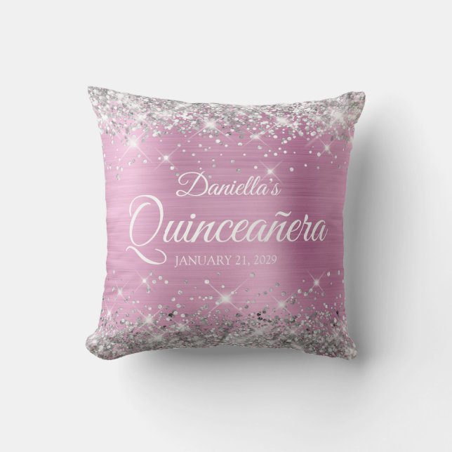 Silver Glitter Light Pink Foil Quinceañera Cushion (Front)