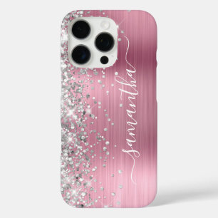 Silver Glitter Light Pink Metallic Girly Signature iPhone 16 Pro Case