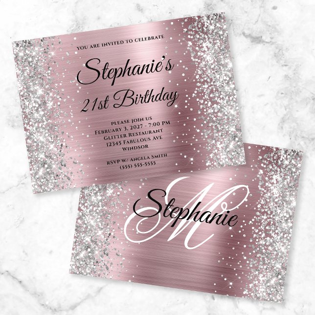 Silver Glitter Light Pink Monogram 21st Birthday Invitation (Creator Uploaded)