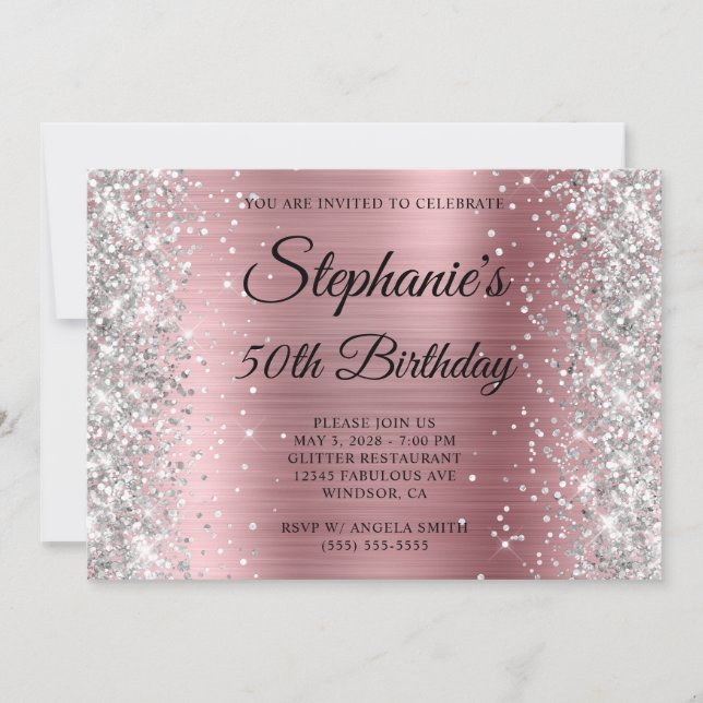 Silver Glitter Light Pink Monogram 50th Birthday Invitation (Front)