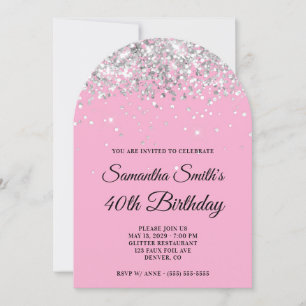 Silver Glitter Light Pink Photo 40th Birthday Invitation