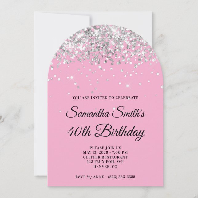 Silver Glitter Light Pink Photo 40th Birthday Invitation (Front)