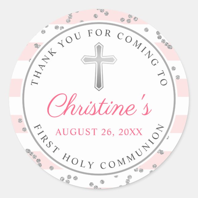 Silver Glitter Light Pink Stripes First Communion Classic Round Sticker (Front)