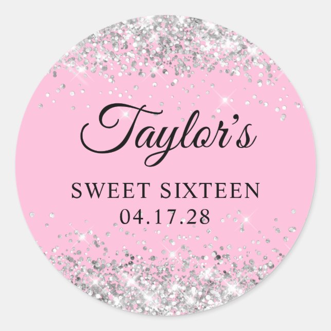 Silver Glitter Light Pink Sweet Sixteen Classic Round Sticker (Front)