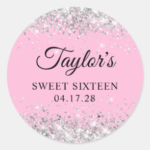 Silver Glitter Light Pink Sweet Sixteen Classic Round Sticker