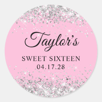 Silver Glitter Light Pink Sweet Sixteen Classic Round Sticker