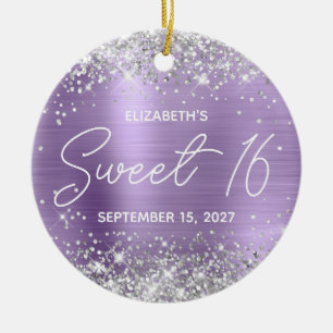 Silver Glitter Light Purple Fancy Sweet 16 Photo Ceramic Tree Decoration