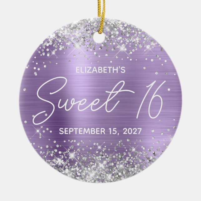 Silver Glitter Light Purple Fancy Sweet 16 Photo Ceramic Tree Decoration (Front)