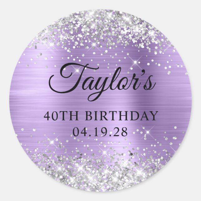Silver Glitter Light Purple Foil 40th Birthday Classic Round Sticker (Front)