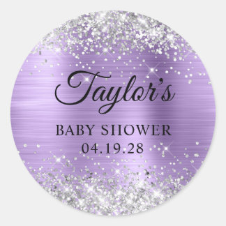 Silver Glitter Light Purple Foil Baby Shower Classic Round Sticker