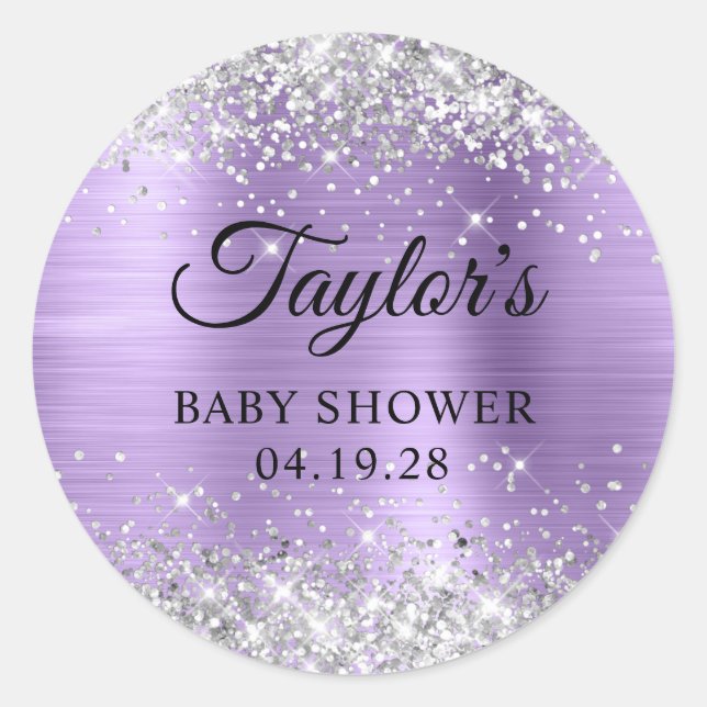 Silver Glitter Light Purple Foil Baby Shower Classic Round Sticker (Front)