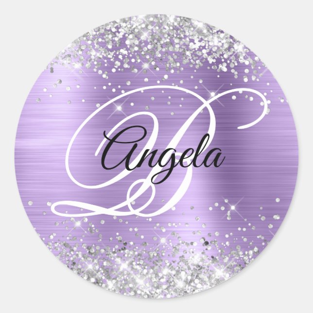 Silver Glitter Light Purple Foil Fancy Monogram Classic Round Sticker (Front)
