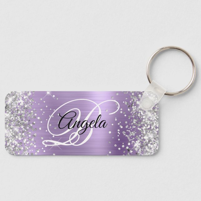Silver Glitter Light Purple Foil Fancy Monogram Key Ring (Front)