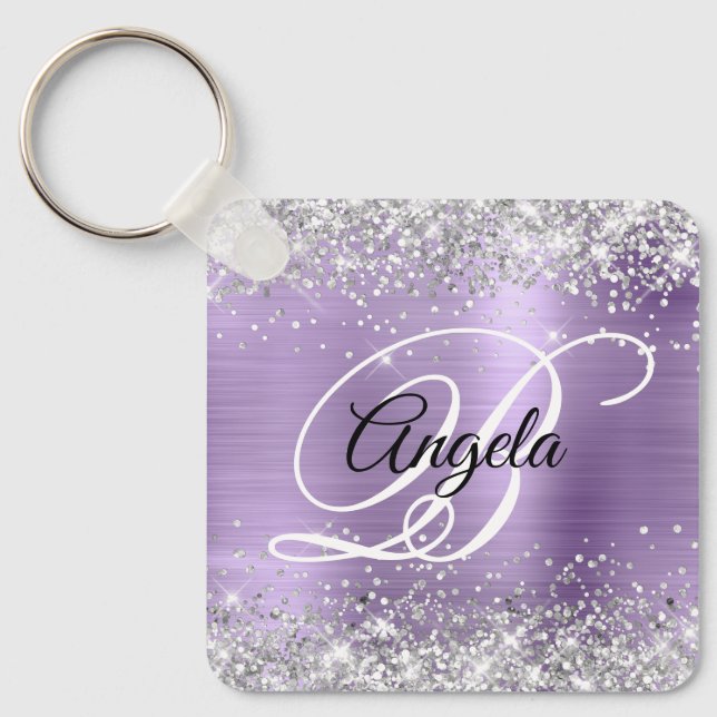 Silver Glitter Light Purple Foil Fancy Monogram Key Ring (Front)