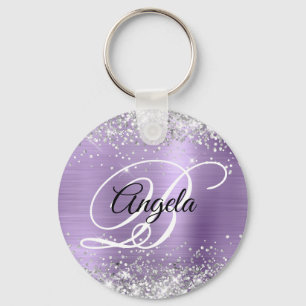 Silver Glitter Light Purple Foil Fancy Monogram Key Ring
