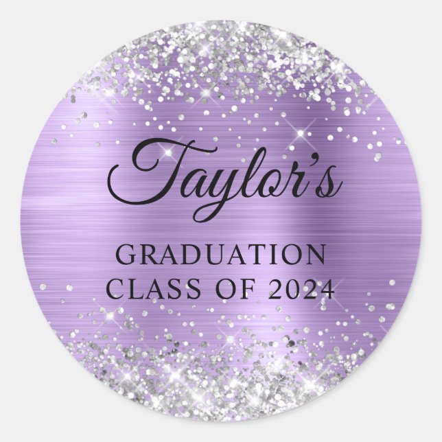 Silver Glitter Light Purple Foil Graduation Classic Round Sticker (Front)