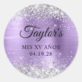 Silver Glitter Light Purple Foil Mis XV Anos Classic Round Sticker
