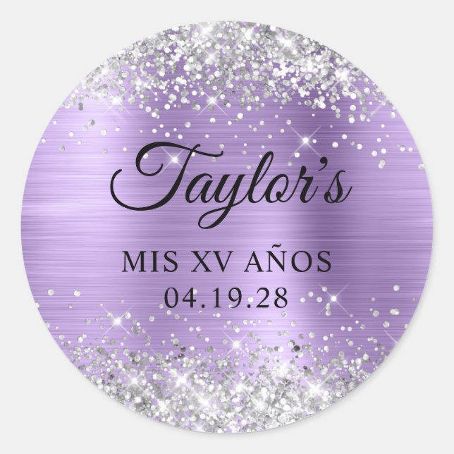 Silver Glitter Light Purple Foil Mis XV Anos Classic Round Sticker (Front)