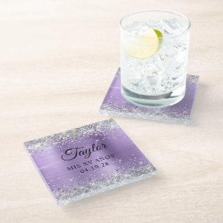 Silver Glitter Light Purple Foil Mis XV Anos Glass Coaster