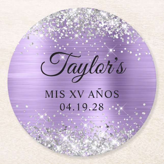 Silver Glitter Light Purple Foil Mis XV Anos Round Paper Coaster (Front)