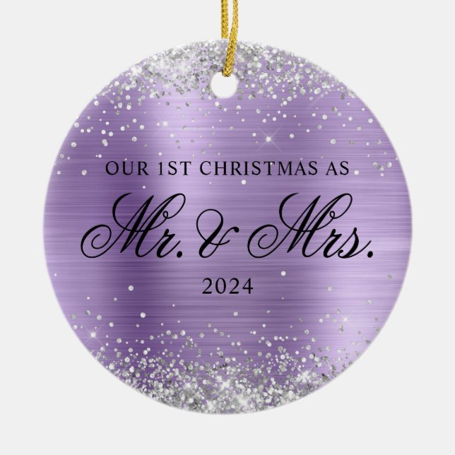 Silver Glitter Light Purple Foil Our 1st Christmas Ceramic Tree Decoration (Front)