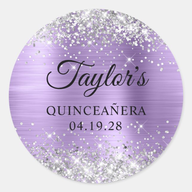 Silver Glitter Light Purple Foil Quinceanera Classic Round Sticker (Front)
