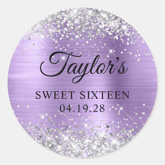 Silver Glitter Light Purple Foil Sweet Sixteen Classic Round Sticker (Front)