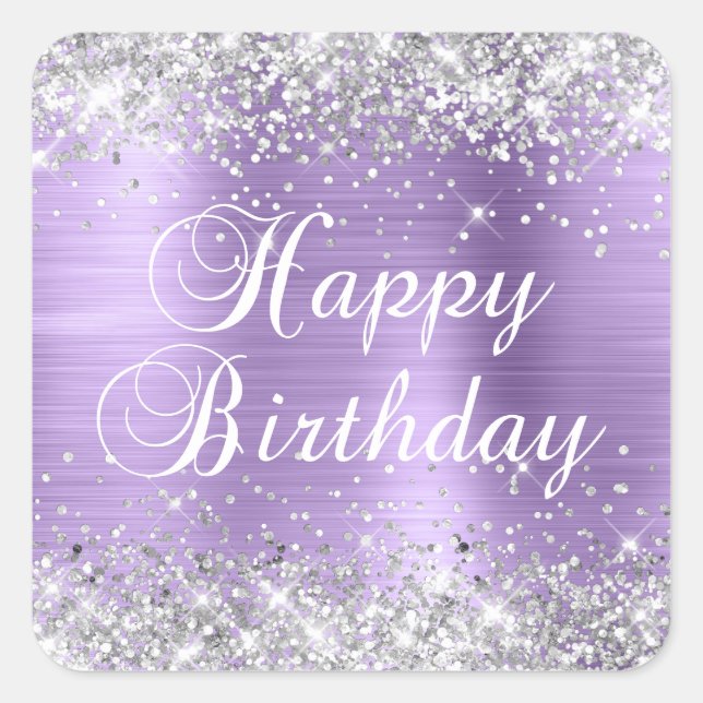 Silver Glitter Light Purple Happy Birthday Square Sticker (Front)