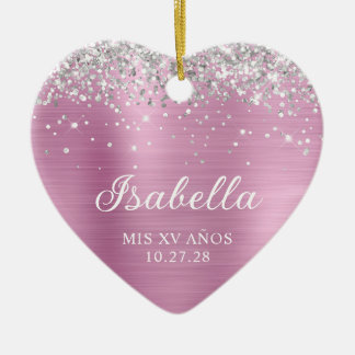 Silver Glitter Light Rose Pink Mis XV Anos Photo Ceramic Tree Decoration