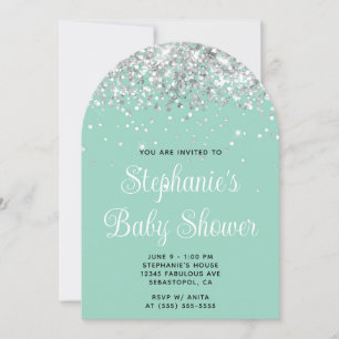 Silver Glitter Light Teal Baby Shower Invitation