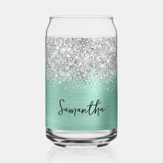 Silver Glitter Light Teal Glam Name Can Glass (Front)